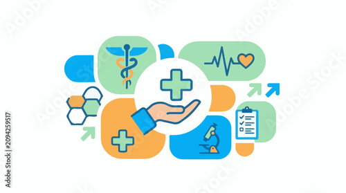 Medical icons including stethoscope heart rate hand with cross clipboard microscope