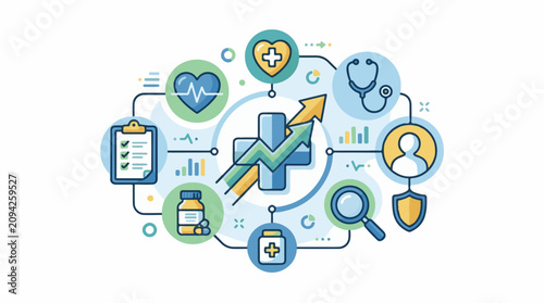 Medical icons linked in a network with a rising graph