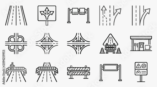 Tableau sur toile Minimalist Black and White Line Icons Set Featuring Road Signs Traffic Symbols H