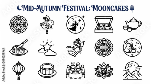 Mid-Autumn Festival Icons: Mooncakes, Lanterns, Rabbits, Tea