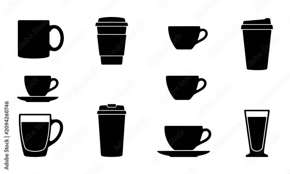 Obraz premium Coffee Cup Icons, Beverage Vessels Collection, Hot Drink Mugs Set, Cafe Service Symbols