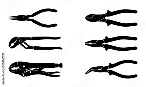 Obraz na płótnie Set of Six Black Pliers Silhouettes, Hand Tool Icons, Mechanical Equipment, Work