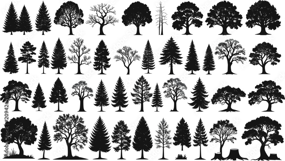 Fototapeta premium Black Tree Silhouette Vector Icons Set Featuring Pine, Oak, Fir, Cedar, and Bare Branches for Forest Landscape, Woodworking Logo, and Environmental Graphic Designs