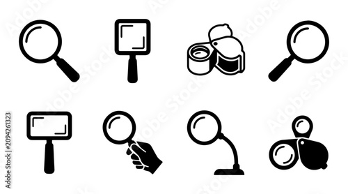 Foto Magnifying Glass Icons Set, Search Loupe Tools, Research and Discovery Vector Gr