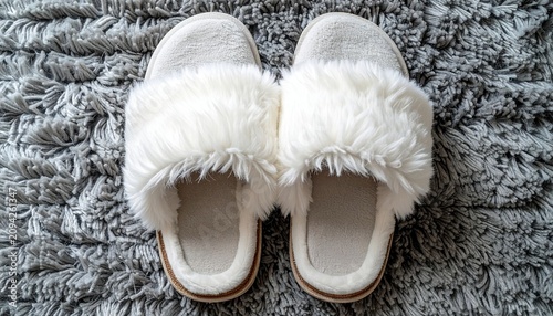Pair of warm indoor slippers with white faux fur lining arranged neatly on a gray woven carpet