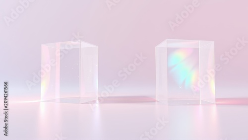 Minimalist scene. Two translucent cubes stand on soft pink surface. Subtle light creates gentle shadows, ethereal glow.