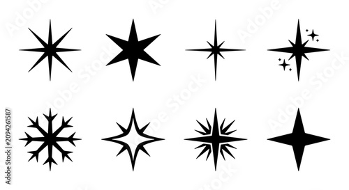 Sparkle Starburst Icons Set, Black Glittering Shine Symbols, Festive Light Burst Graphics, Vector Elements