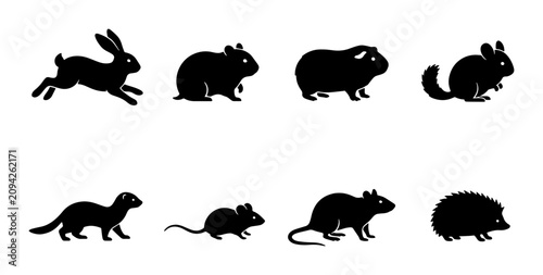 Cute Pet Silhouettes Vector Set: Rabbit, Hamster, Guinea Pig, Ferret, Mouse, Rat, Hedgehog Icons