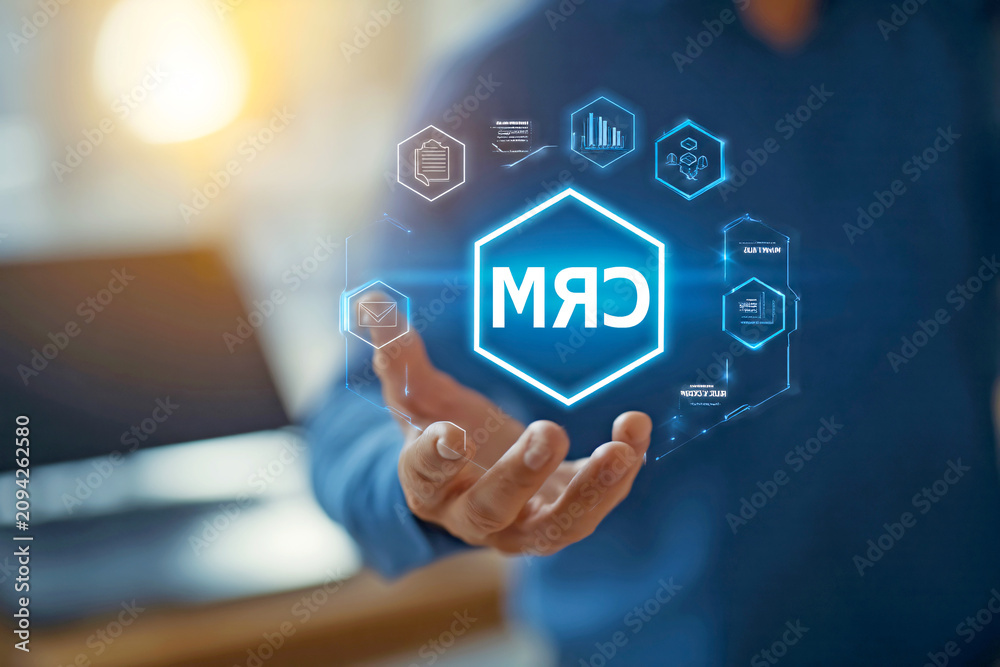Fototapeta premium Businessman interacting with CRM software on modern device