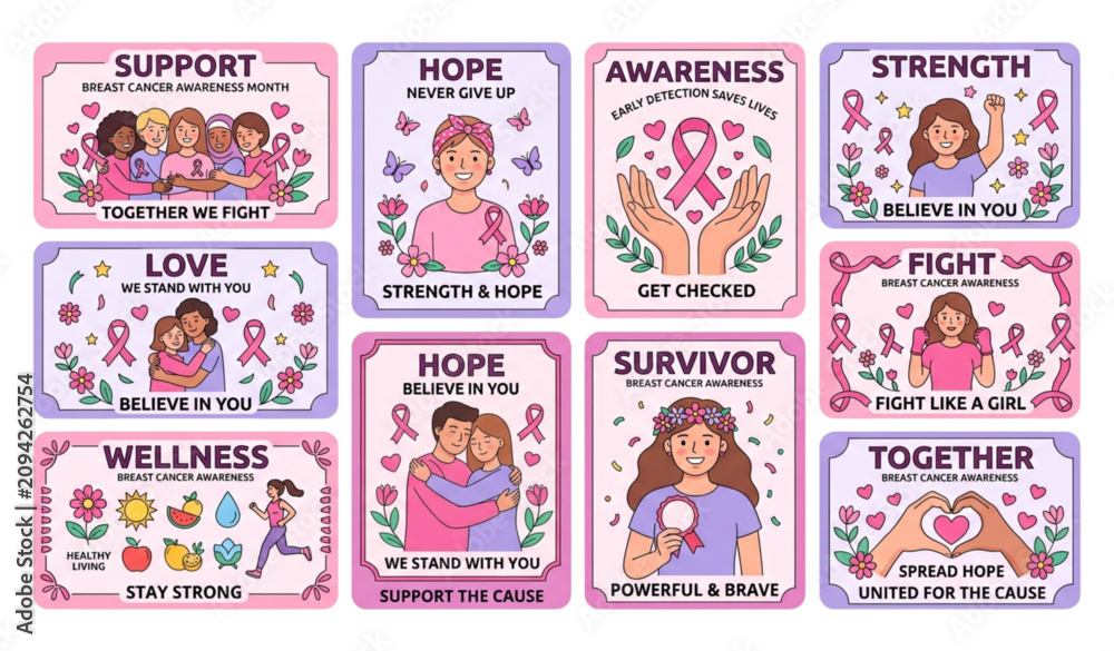 Obraz premium Pink Ribbon Breast Cancer Awareness Cartoon Postcard Set
