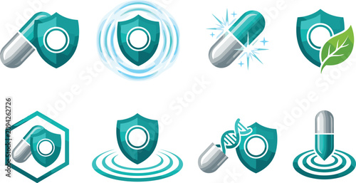 Bild auf Leinwand Medical Shield and Capsule Icon Set with Immune System Protection DNA and Natura