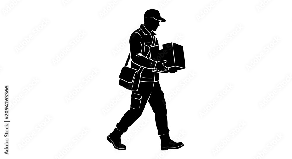 Obraz premium Delivery man silhouette carrying package, postal worker with messenger bag, vector graphic