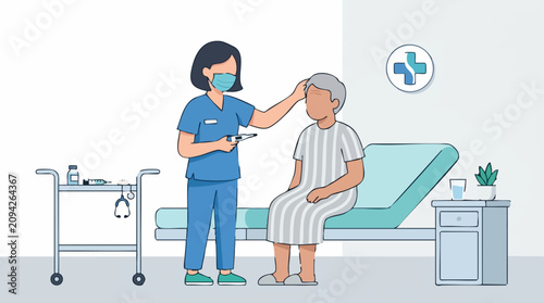 Bild auf Leinwand Nurse checking elderly patient's temperature in hospital room with thermometer