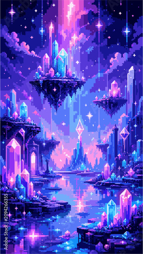 8 Bit Anime Abstract Pixel Art Background, Retro Fantasy Sky Vertical Wallpaper	
