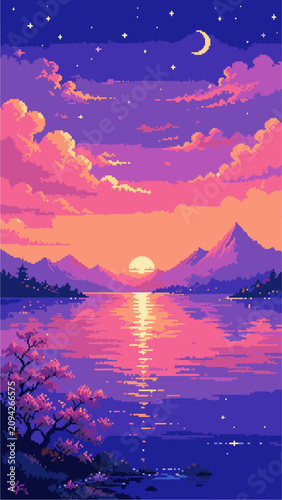 8 Bit Anime Abstract Pixel Art Background, Retro Fantasy Sky Vertical Wallpaper	

