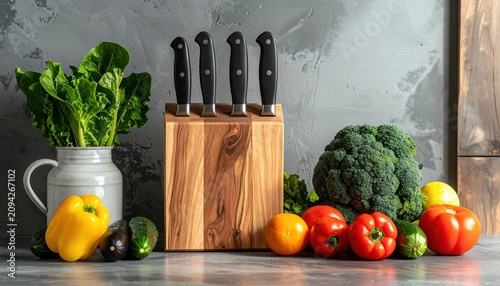 Wooden knife block with premium kitchen knives beside fresh vegetables
