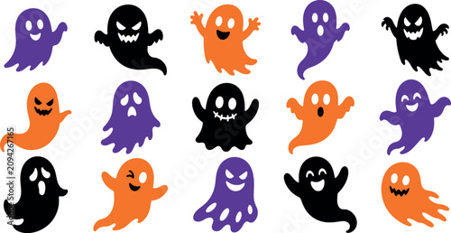 Bild auf Leinwand Collection Of Halloween Ghost Silhouettes In Purple And Orange Flat Vector Illus