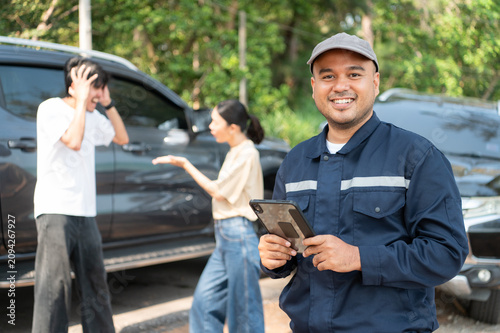 A car insurance agent mediates a heated dispute between two drivers at the scene of an accident.