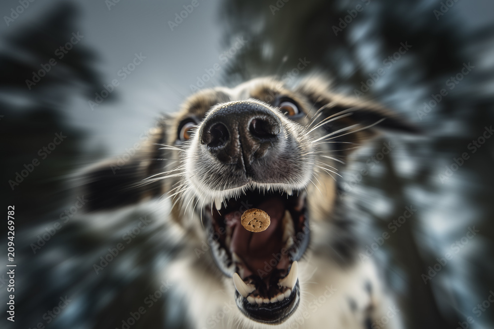 Obraz premium A close up wide angle shot of a joyful dog with its mouth wide open trying to catch a flying treat with motion blur in a dark forest background