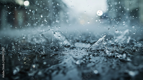 A macro close up shot of heavy rain droplets falling and splashing intensely on a wet ground surface during a powerful summer storm