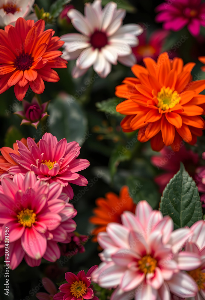 Fototapeta premium Close-up of vibrant blooming zinnia flowers in garden