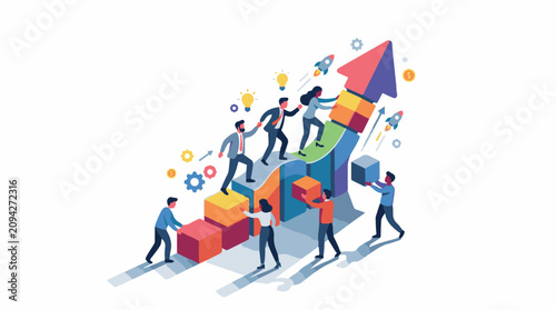 People working together to climb a rocket-shaped growth chart