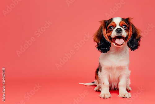 A small adorable cavalier king charles spaniel dog sits happily looking at the camera against a solid pink backdrop