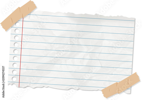 Torn white lined paper sheet attached with brown adhesive tape