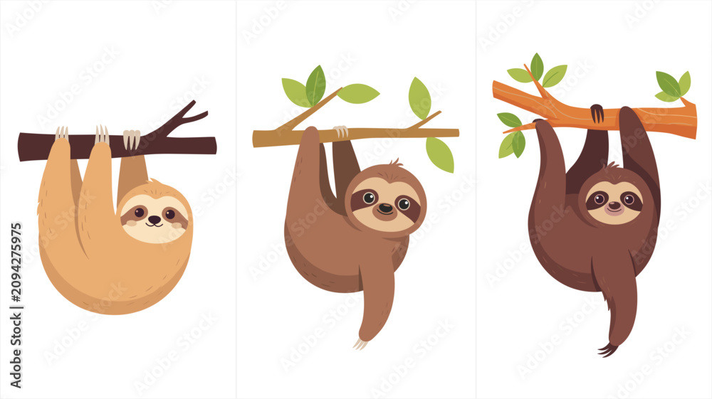 Fototapeta premium Cute cartoon sloth characters set, three funny sloths hanging on tree branch vector illustration, wildlife animal design for kids