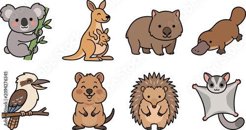 Photography Cute Australian Animals Vector Character Set with Koala, Kangaroo, Wombat, Platy
