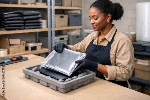Female warehouse worker packing laptop in protective material at packing station.
