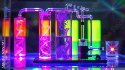 Glowing purple liquid circulating through transparent tubes in laboratory setup.