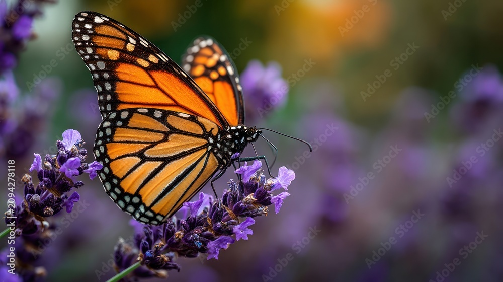 Obraz premium A monarch butterfly perched gracefully on a purple lavender flower in a lush garden, with the butterflyâ€™s wings fluttering slightly in the breeze.