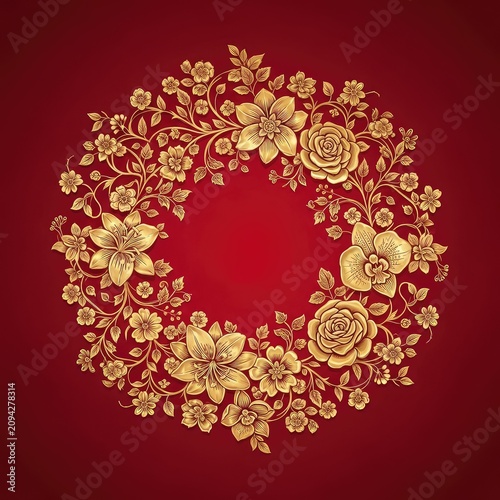 Luxurious golden floral pattern with intricate vines and blooming flowers set against a rich deep crimson background for a royal look, red, burgundy, ornate
