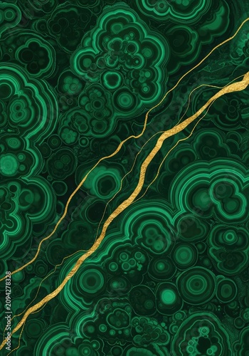 Luxurious malachite green background showcasing intricate swirling mineral patterns accented by elegant veins of shimmering liquid gold foil, mineral, gold, flow