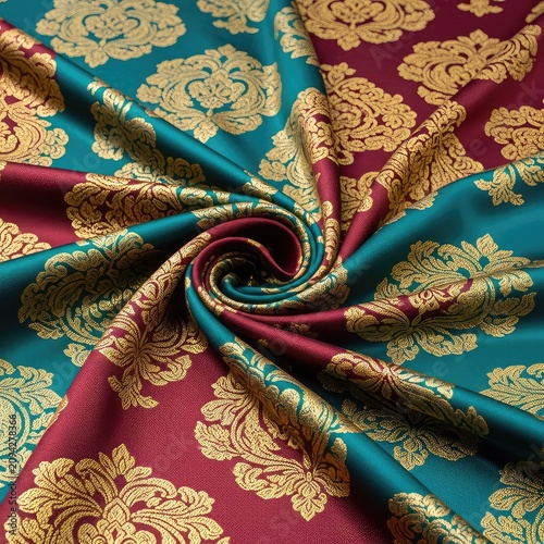 Luxurious teal and burgundy silk fabric featuring an intricate golden damask pattern with elegant folds and a shimmering satin finish, glossy, damask, soft
