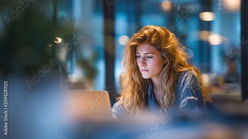 A woman working on her laptop in a modern office, captured in a candid moment of concentration.