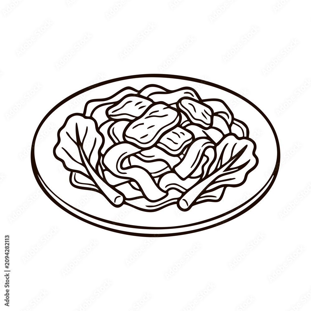 Obraz premium Stir fried flat rice noodles with beef and vegetables plate hand drawn vector icon illustration for designing authentic Asian restaurant menus