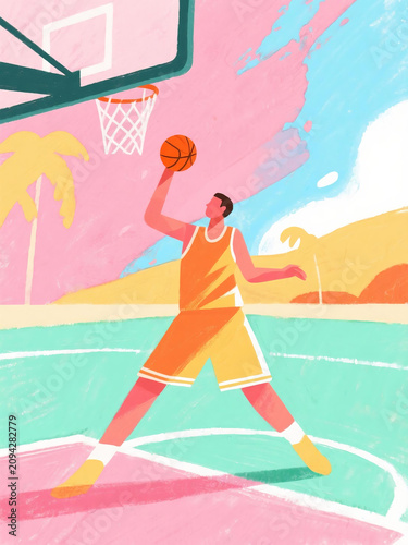 Modern Watercolor Basketball Decorative Art
