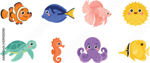 Schilderij op canvas Cute sea animals and tropical fish vector illustration character set