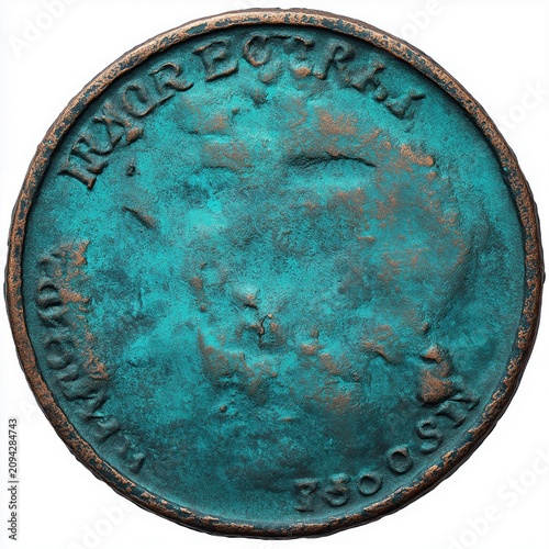 Patinated copper coin with worn embossed lettering and green corrosion isolated on white, showing aged metal texture and numismatic detail.