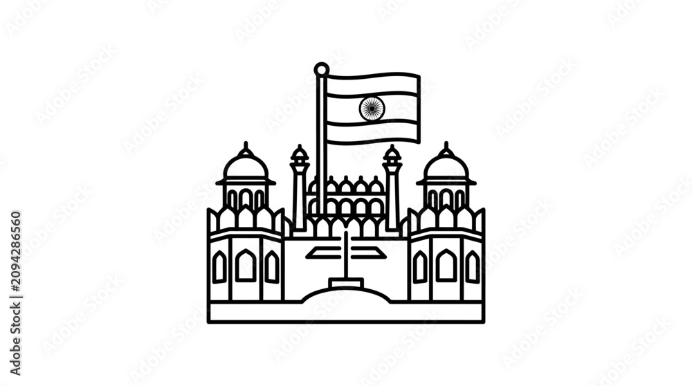 Obraz premium Indian Flag Waving Over Red Fort Icon