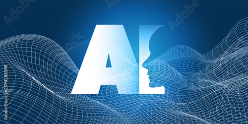 Dark Blue AI, MI, Machine Learning and Future Technology Concept Design with Bold Letters of the Artificial Intelligence Acronym Symbol, Label with Humanoid Robot Face Profile in the Typography