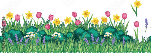 Tableau sur toile Beautiful Spring Garden Flower Bed And Green Grass Border Set