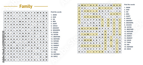 Photos Family word search puzzle with hidden words and highlighted solutions