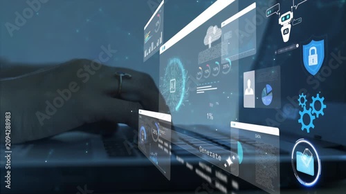 woman analyst uses a computer AI artificial intelligence and dashboard for data business analysis and Data Management System with KPI and metrics connected to the database for technology finance,