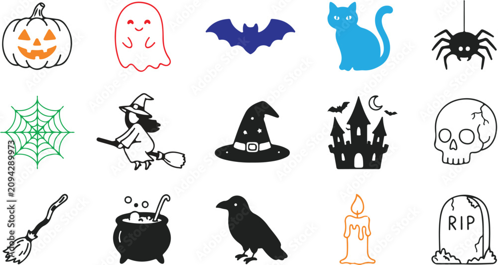 Obraz premium Set of colorful Halloween line art and silhouette elements for seasonal graphic design.
