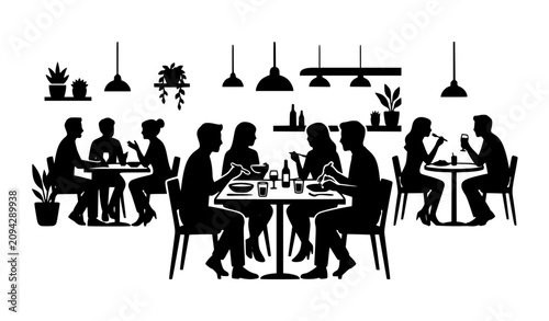 Restaurant people dining black silhouette vector illustration for food service hospitality and social gathering concept