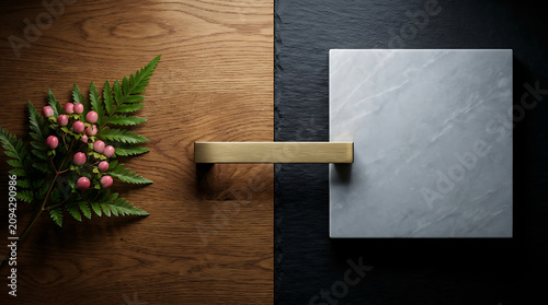 Natural material palette with oak wood slate marble brass handle and berries for interior design