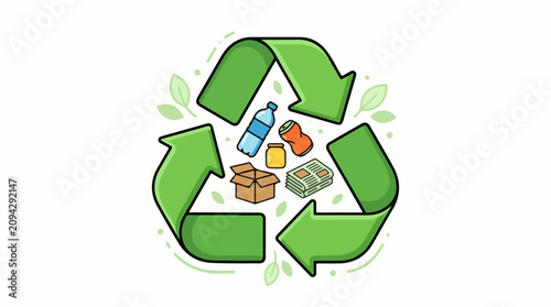 Recycling symbol with various recyclable items inside and leaves